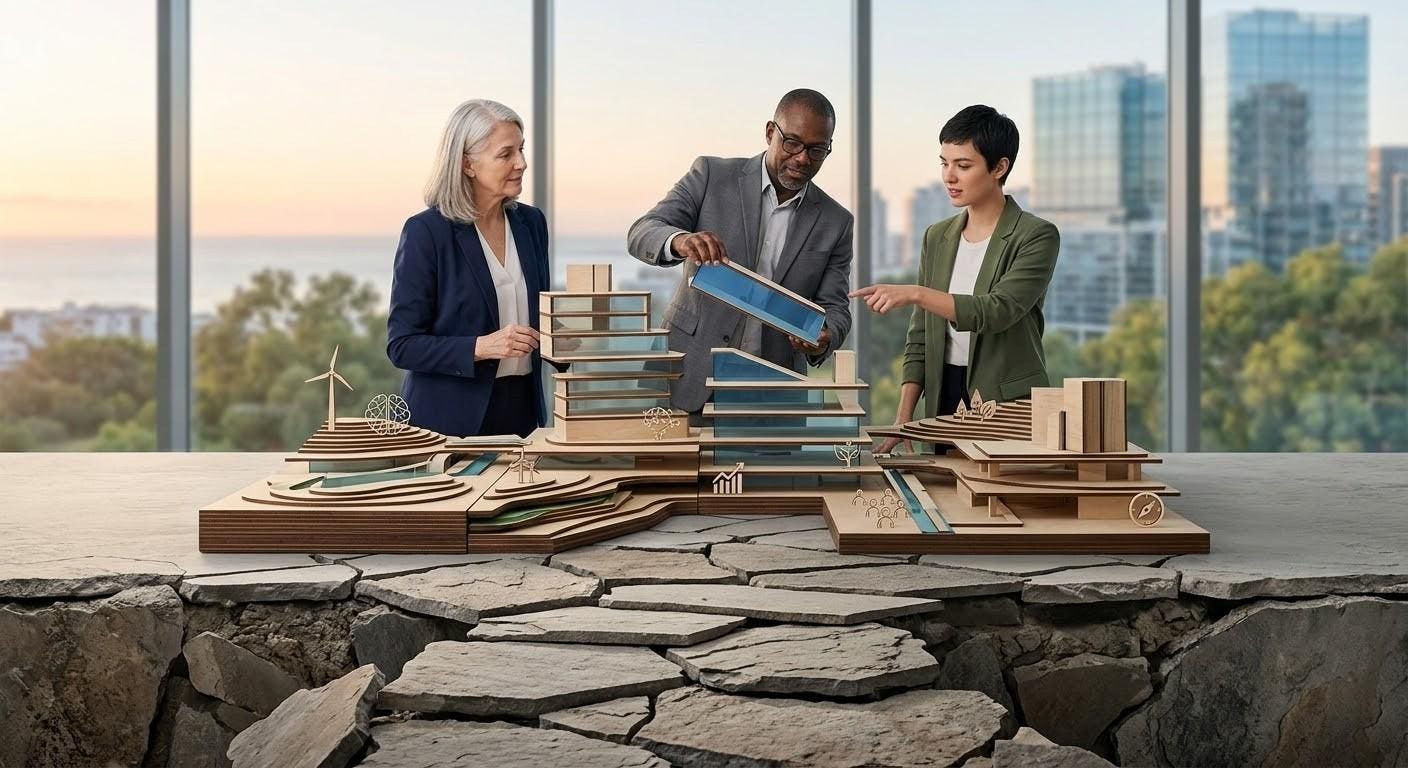 Three leaders reshaping an architectural model of buildings and landscape, set on cracked stone ground