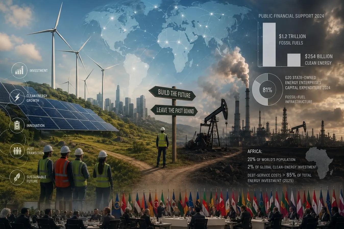Net Zero Was The Easy Part — wind turbines and solar panels contrasted with oil derricks, with a signpost reading 'Build the Future / Leave the Past Behind'